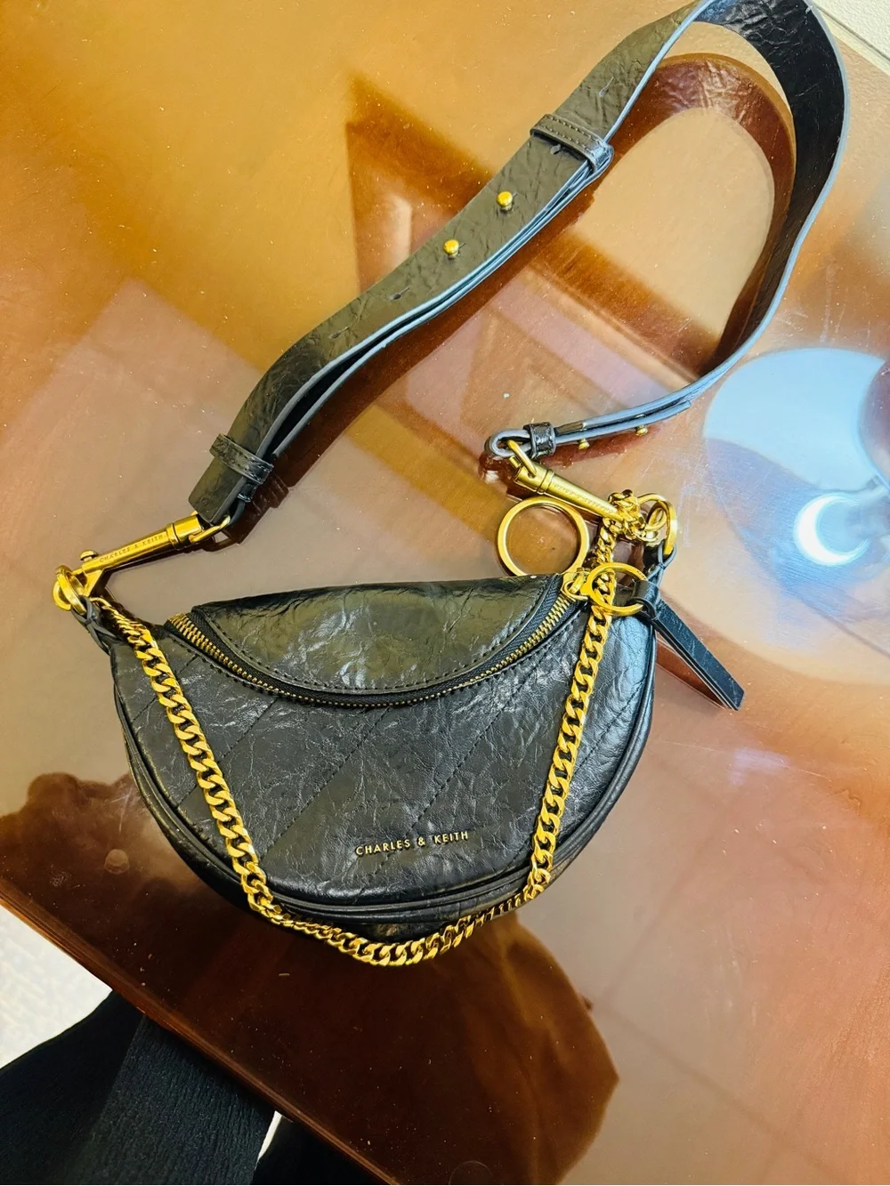 Charles & Keith Black Crescent Crossbody with Gold Chain